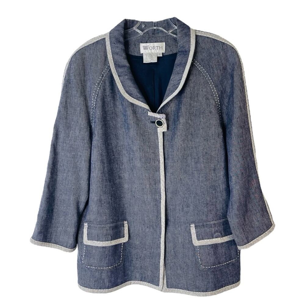 Worth blue white linen coastal lagenlook snap pocket jacket 6